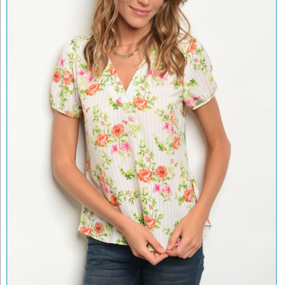 Available V-Neck Pinstripe Short-Sleeve Blouse